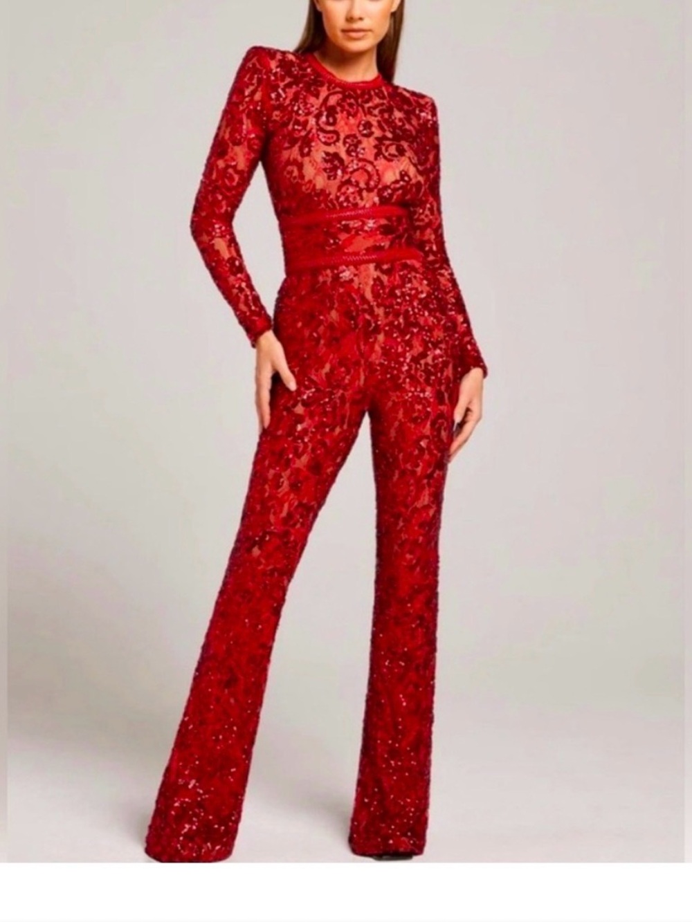 NADINE MERABI Red Sequin Lace Long-Sleeve Fitted Jumpsuit